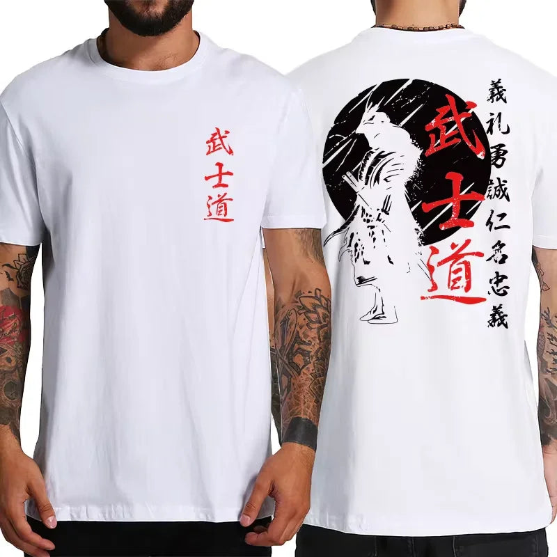 Japan Samurai Spirit T Shirts for Men Japanese Style Back Print Loose Oversized 100% Cotton Tops T-Shirt Bushido Male Gifts Tee - MONVRCH