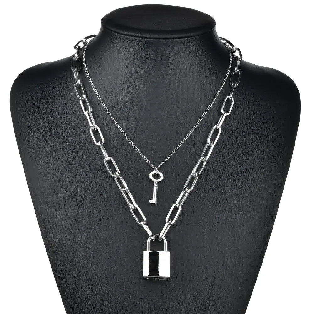 Fashion Double Layer Lock Gold Silver Color Chain Necklace Men Punk Link Chain Padlock Pendant Necklace for Women Jewelry - MONVRCH