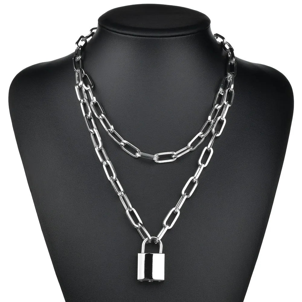 Fashion Double Layer Lock Gold Silver Color Chain Necklace Men Punk Link Chain Padlock Pendant Necklace for Women Jewelry - MONVRCH