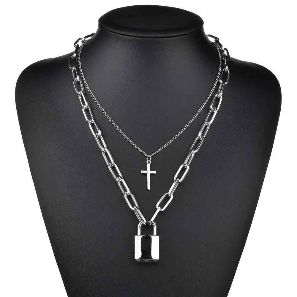 Fashion Double Layer Lock Gold Silver Color Chain Necklace Men Punk Link Chain Padlock Pendant Necklace for Women Jewelry - MONVRCH