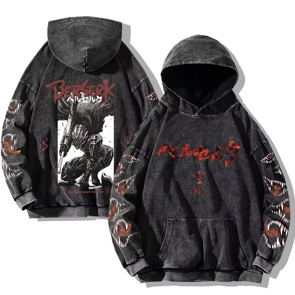 Mens Berserk Hoodies Gothic Print Vintage Washed Hoodie Hip Hop Streetwear Cotton Sweatshirts Y2K Oversized Hoodie - MONVRCH
