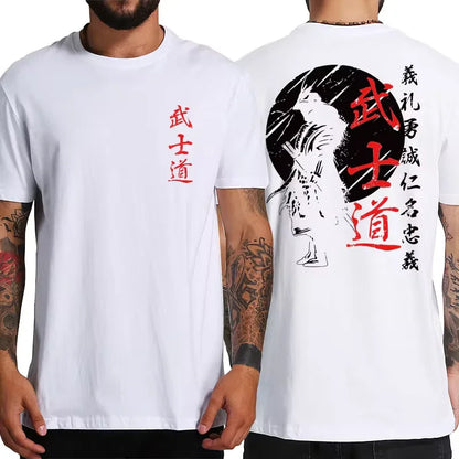 Japan Samurai Spirit T Shirts for Men Japanese Style Back Print Loose Oversized 100% Cotton Tops T-Shirt Bushido Male Gifts Tee - MONVRCH