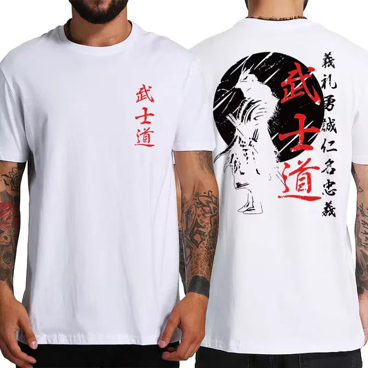 Japan Samurai Spirit T Shirts for Men Japanese Style Back Print Loose Oversized 100% Cotton Tops T-Shirt Bushido Male Gifts Tee - MONVRCH