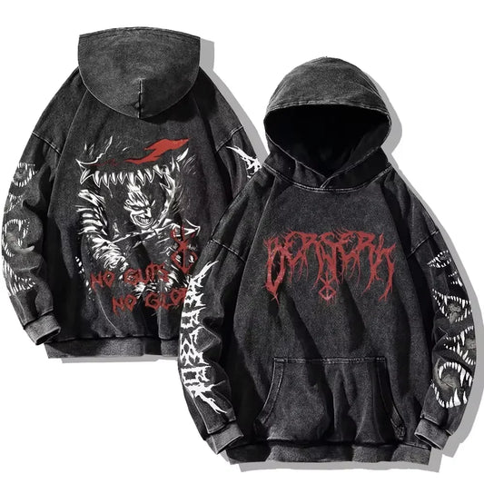 Mens Berserk Hoodies Gothic Print Vintage Washed Hoodie Hip Hop Streetwear Cotton Sweatshirts Y2K Oversized Hoodie - MONVRCH