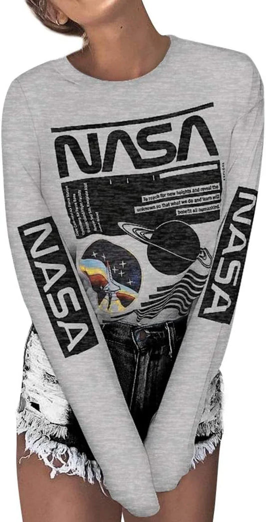 Women Long Sleeve Graphic Shirts NASA Letter Print Crew Neck Tee Tops Blouse Sweatshirts - MONVRCH