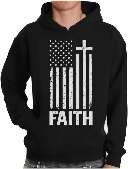 Faith-Based American Flag Hoodie for Men - Cross & USA Graphic Sweatshirt for Him - MONVRCH