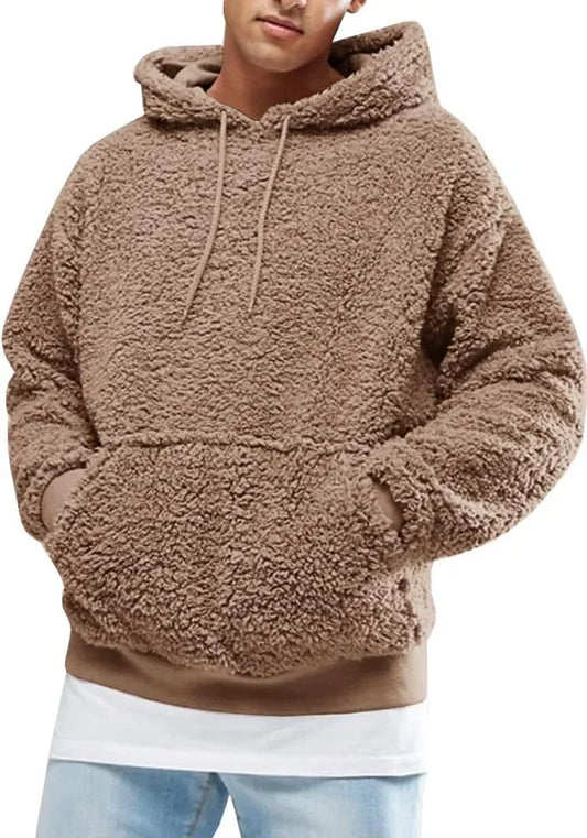 Mens Fuzzy Sherpa Pullover Hoodie Sweatshirts Long Sleeve Sport Front Pocket Military Fall Outwear Winter Hooded - MONVRCH
