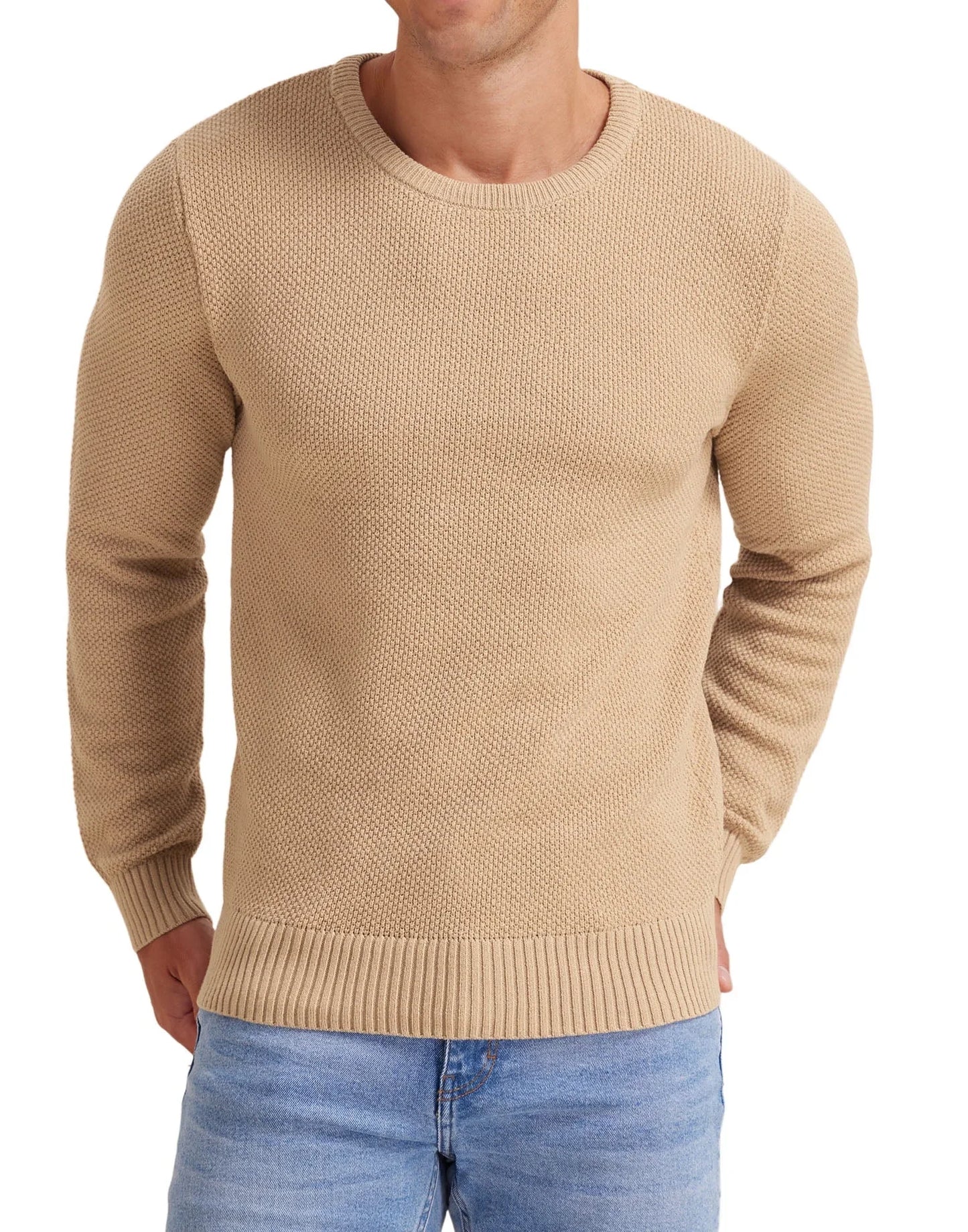 Mens Pullover Sweater Soft Lightweight Casual Classic Crewneck Knitwear Sweaters with Ribbing Edge Light Camel-Xxl - MONVRCH