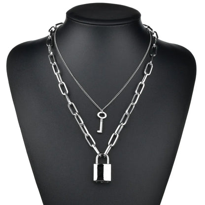 Fashion Double Layer Lock Gold Silver Color Chain Necklace Men Punk Link Chain Padlock Pendant Necklace for Women Jewelry - MONVRCH
