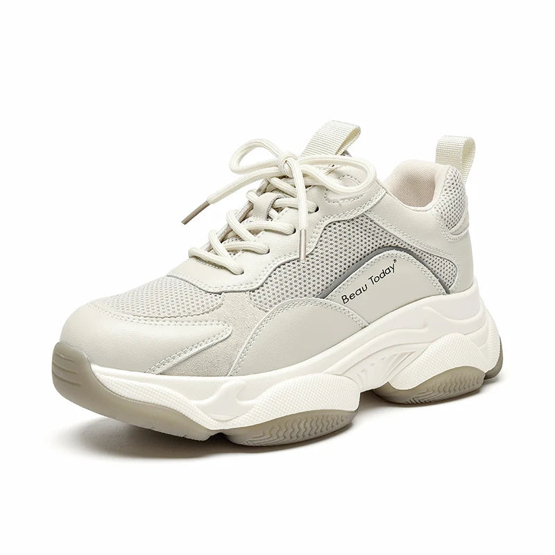 Women Chunky Sneakers Genuine Leather Mesh Mixed Colors round Toe Lace-Up Thick Sole Ladies Breathable Shoes 29402 - MONVRCH