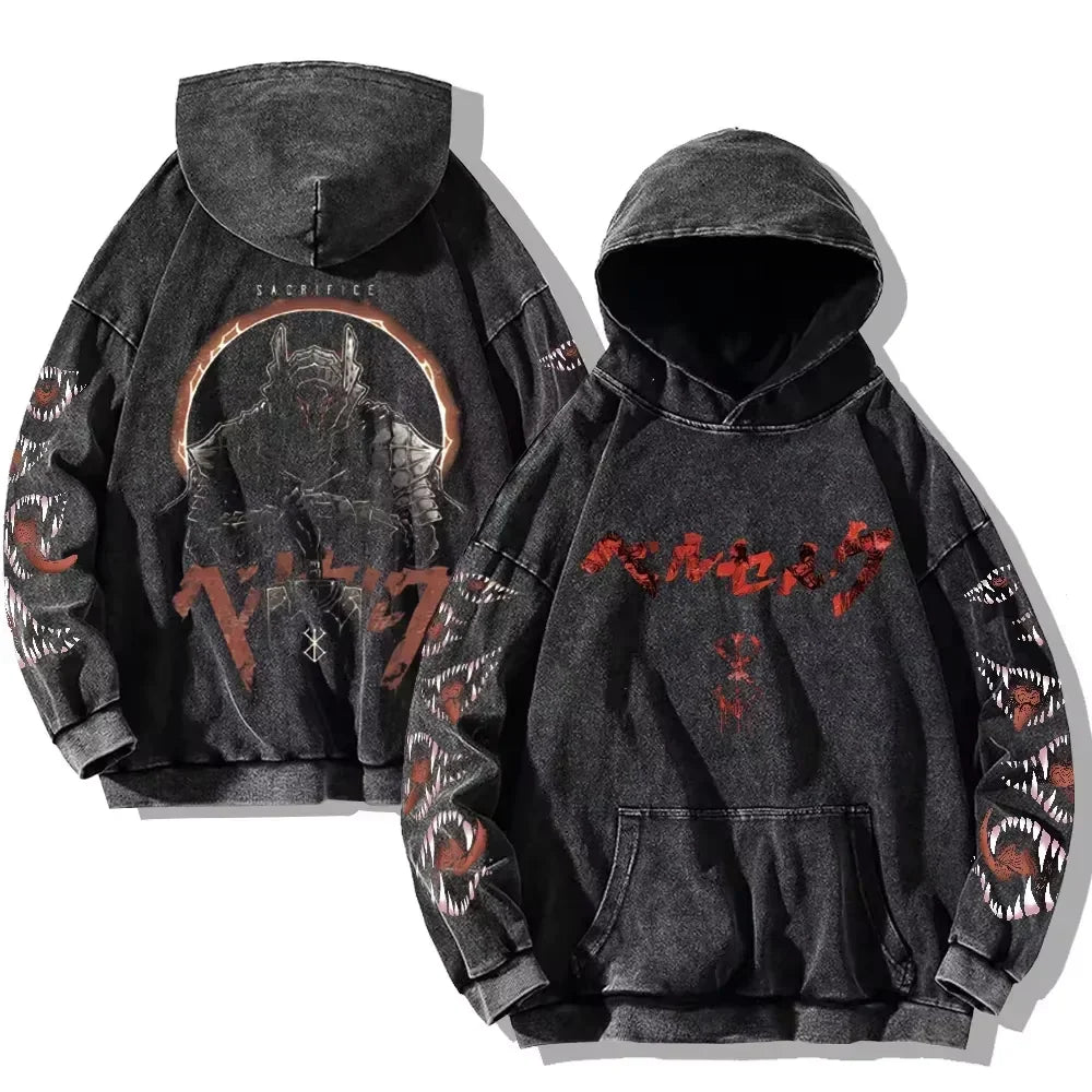 Mens Berserk Hoodies Gothic Print Vintage Washed Hoodie Hip Hop Streetwear Cotton Sweatshirts Y2K Oversized Hoodie - MONVRCH