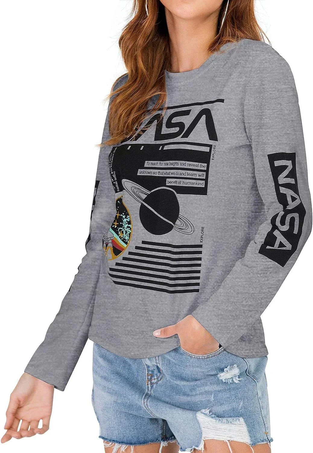 Women Long Sleeve Graphic Shirts NASA Letter Print Crew Neck Tee Tops Blouse Sweatshirts - MONVRCH