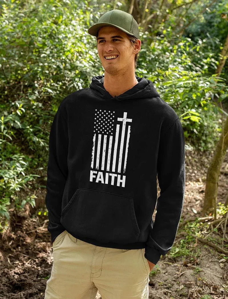 Faith-Based American Flag Hoodie for Men - Cross & USA Graphic Sweatshirt for Him - MONVRCH