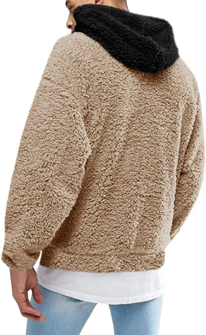 Mens Fuzzy Sherpa Pullover Hoodie Sweatshirts Long Sleeve Sport Front Pocket Military Fall Outwear Winter Hooded - MONVRCH