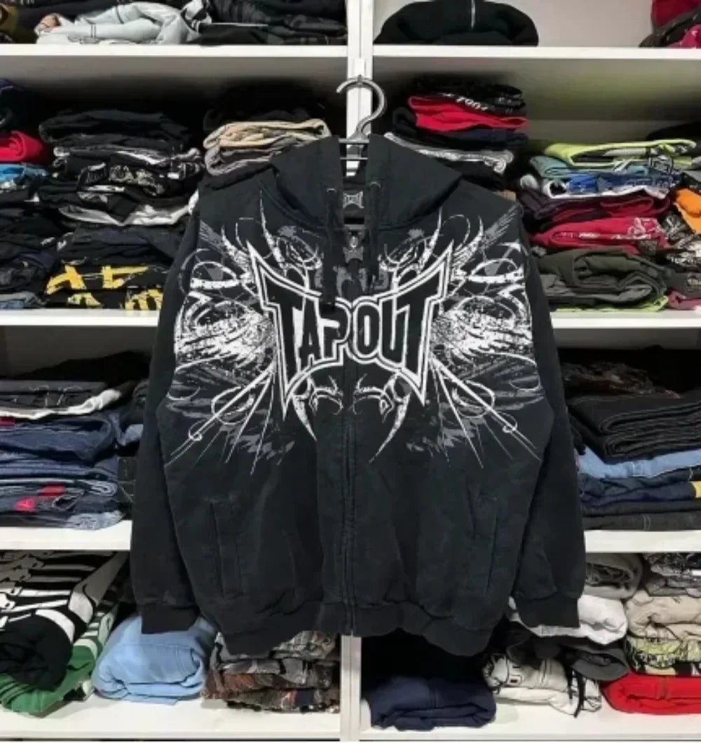 American Y2K Vintage Hoodies Gothic Pattern Zip up Hoodie Winter Womens Mens Hip Hop Long Sleeve Coats Loose Hooded Sweatshirt - MONVRCH