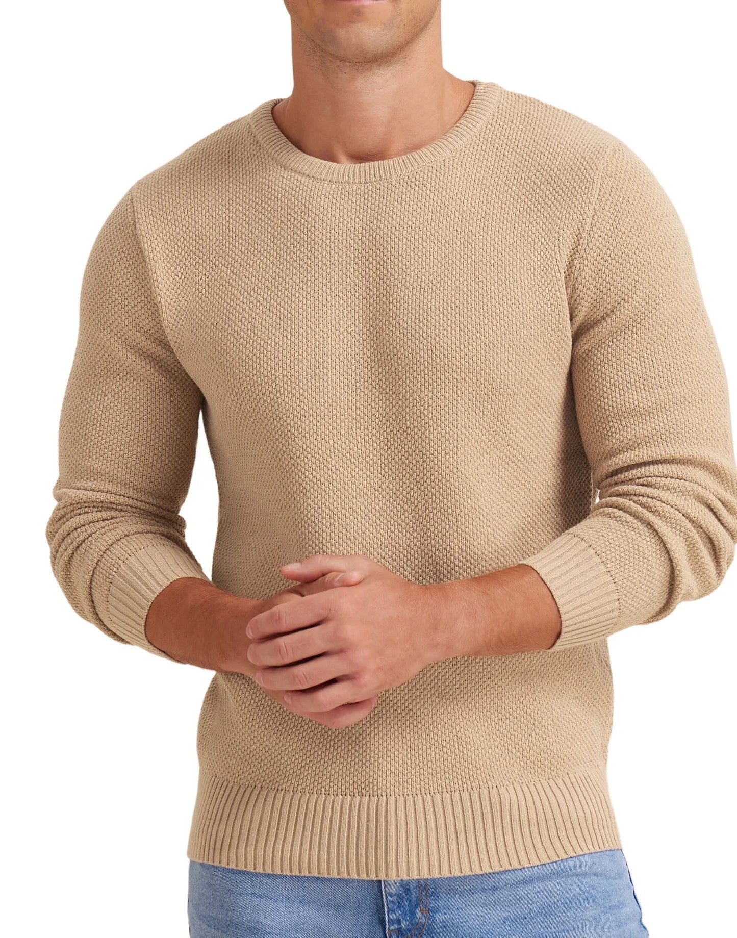 Mens Pullover Sweater Soft Lightweight Casual Classic Crewneck Knitwear Sweaters with Ribbing Edge Light Camel-Xxl - MONVRCH