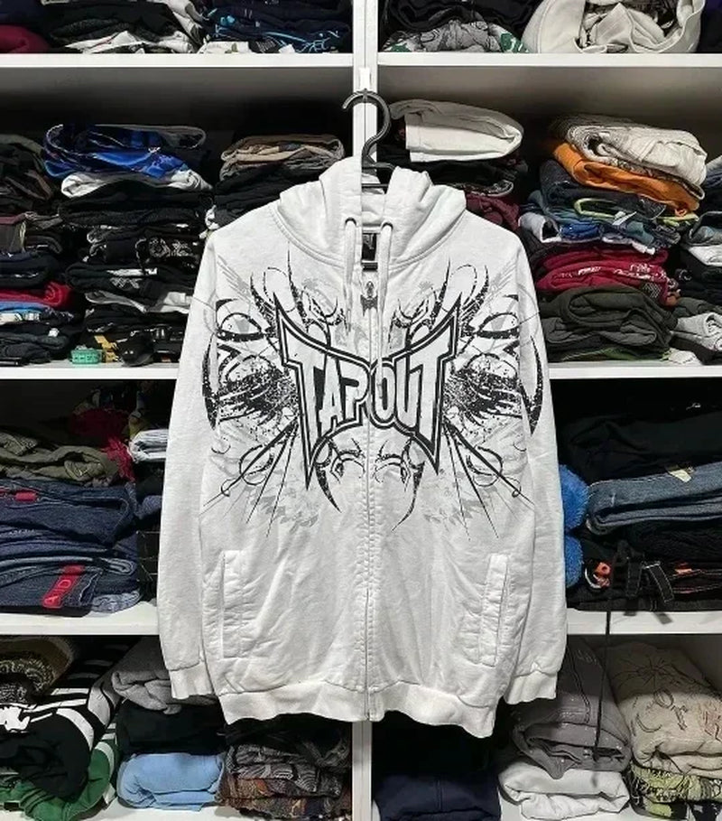 American Y2K Vintage Hoodies Gothic Pattern Zip up Hoodie Winter Womens Mens Hip Hop Long Sleeve Coats Loose Hooded Sweatshirt - MONVRCH