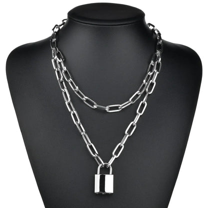 Fashion Double Layer Lock Gold Silver Color Chain Necklace Men Punk Link Chain Padlock Pendant Necklace for Women Jewelry - MONVRCH
