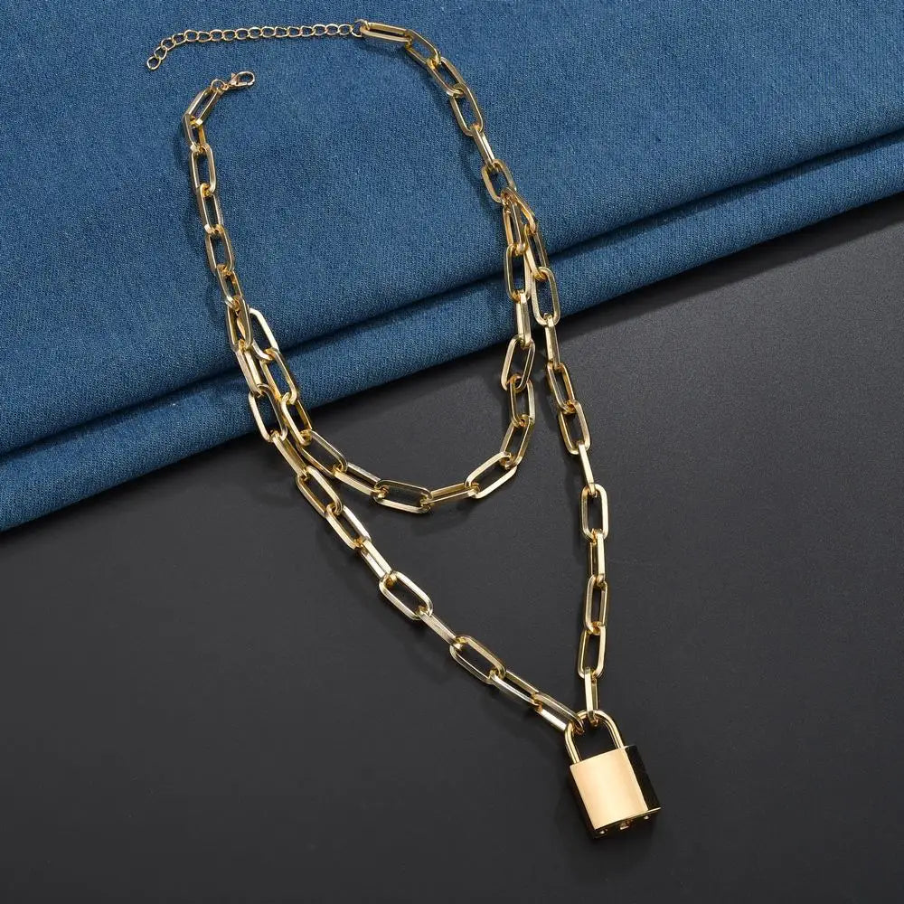 Fashion Double Layer Lock Gold Silver Color Chain Necklace Men Punk Link Chain Padlock Pendant Necklace for Women Jewelry - MONVRCH