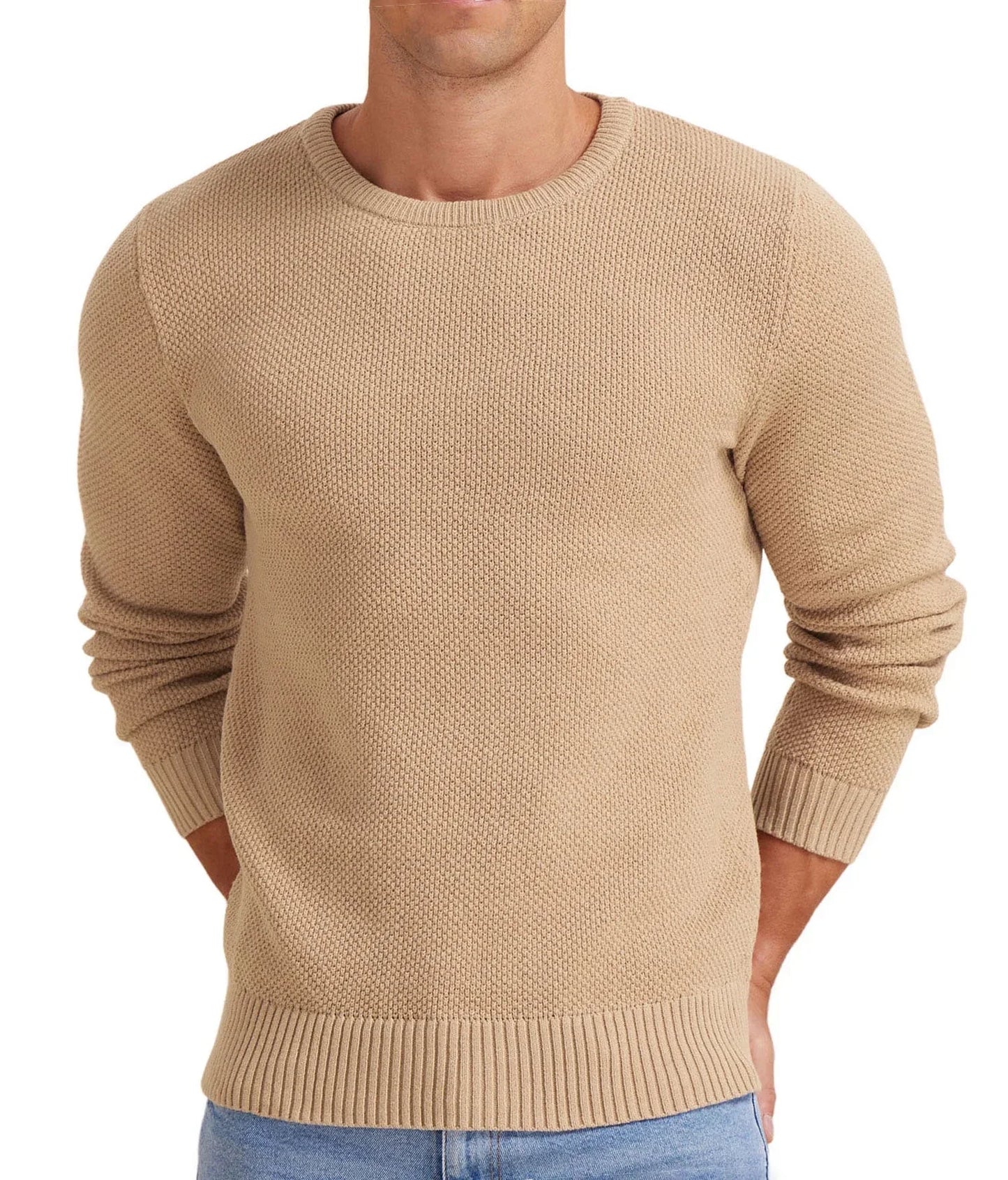 Mens Pullover Sweater Soft Lightweight Casual Classic Crewneck Knitwear Sweaters with Ribbing Edge Light Camel-Xxl - MONVRCH