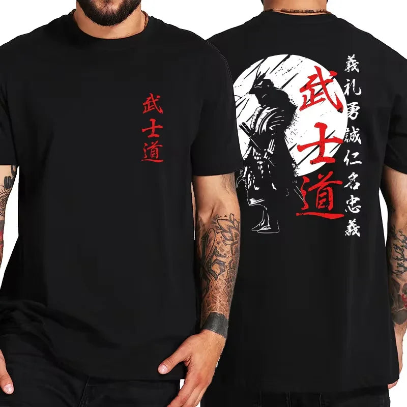 Japan Samurai Spirit T Shirts for Men Japanese Style Back Print Loose Oversized 100% Cotton Tops T-Shirt Bushido Male Gifts Tee - MONVRCH