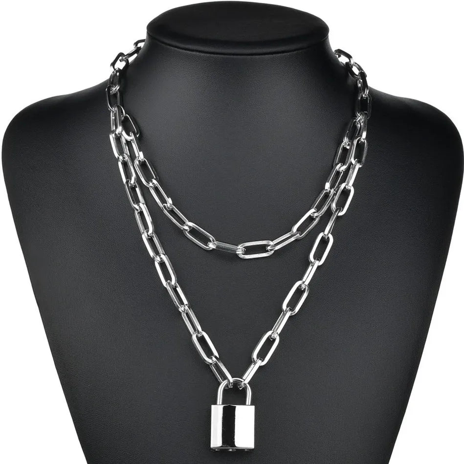 Fashion Double Layer Lock Gold Silver Color Chain Necklace Men Punk Link Chain Padlock Pendant Necklace for Women Jewelry - MONVRCH