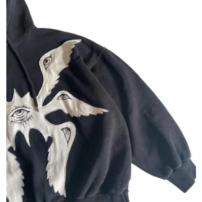 American Y2K Vintage Hoodies Gothic Pattern Zip up Hoodie Winter Womens Mens Hip Hop Long Sleeve Coats Loose Hooded Sweatshirt - MONVRCH