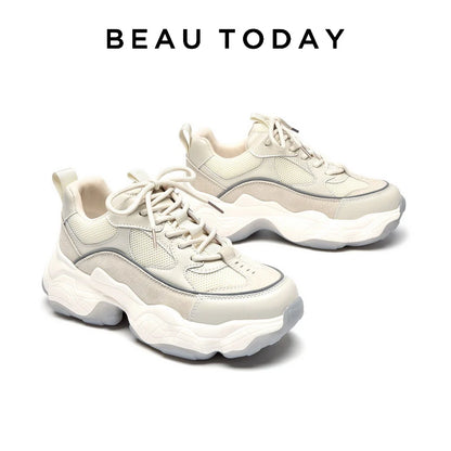 Women Chunky Sneakers Genuine Leather Mesh Mixed Colors round Toe Lace-Up Thick Sole Ladies Breathable Shoes 29402 - MONVRCH