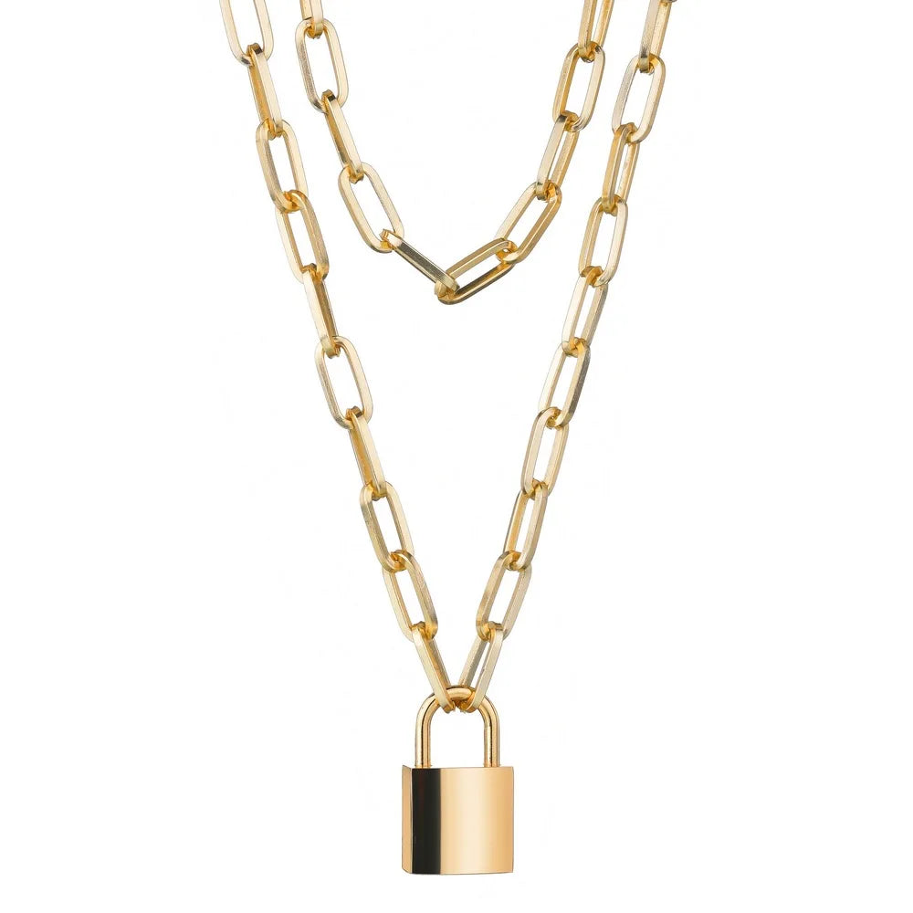 Fashion Double Layer Lock Gold Silver Color Chain Necklace Men Punk Link Chain Padlock Pendant Necklace for Women Jewelry - MONVRCH