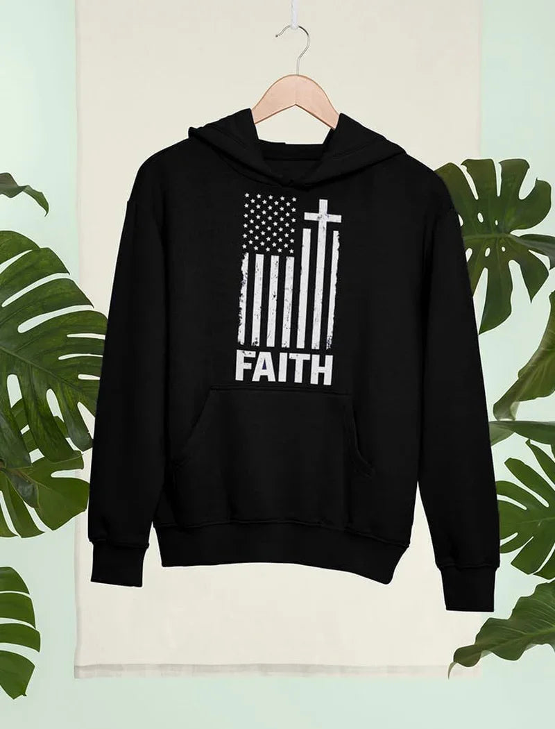 Faith-Based American Flag Hoodie for Men - Cross & USA Graphic Sweatshirt for Him - MONVRCH
