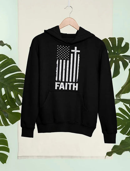 Faith-Based American Flag Hoodie for Men - Cross & USA Graphic Sweatshirt for Him - MONVRCH