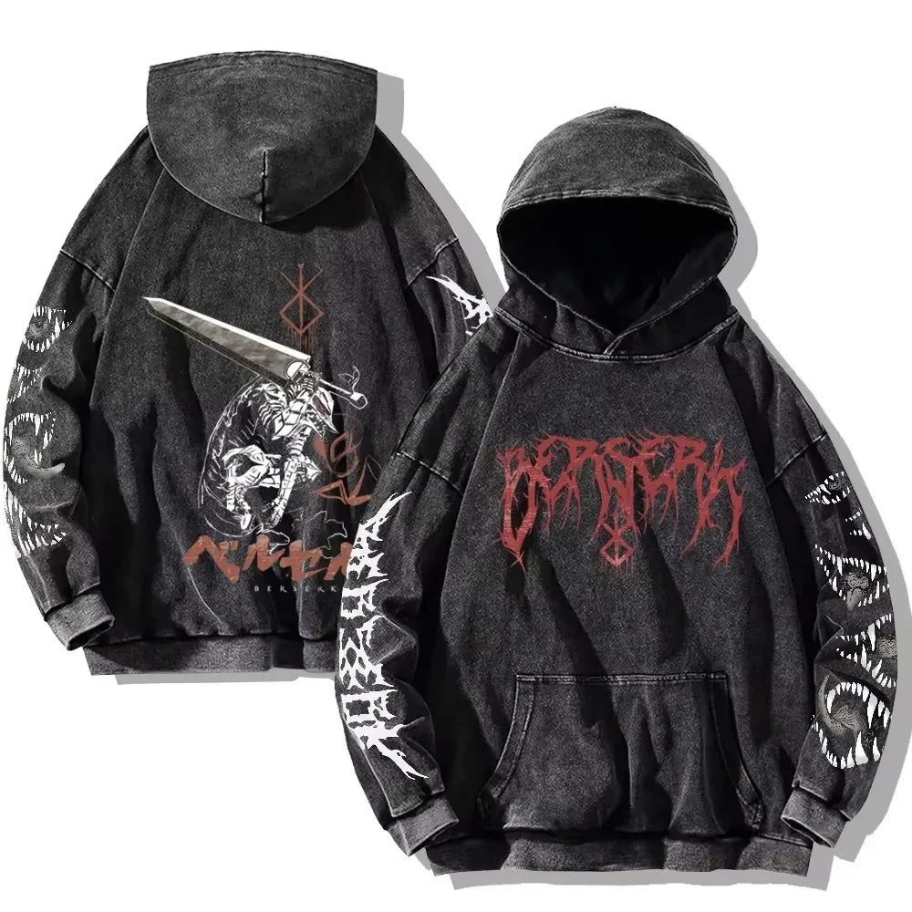 Mens Berserk Hoodies Gothic Print Vintage Washed Hoodie Hip Hop Streetwear Cotton Sweatshirts Y2K Oversized Hoodie - MONVRCH