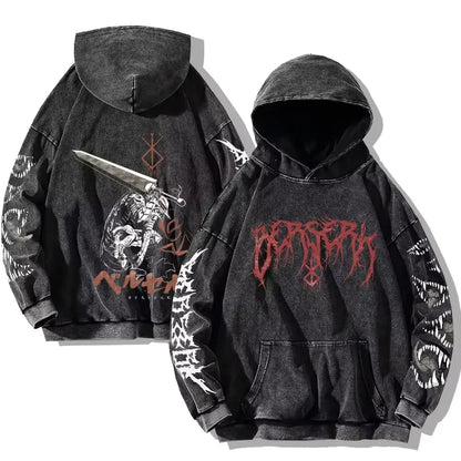 Mens Berserk Hoodies Gothic Print Vintage Washed Hoodie Hip Hop Streetwear Cotton Sweatshirts Y2K Oversized Hoodie - MONVRCH