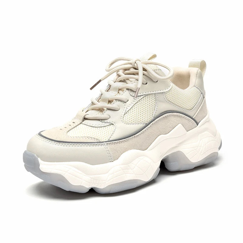 Women Chunky Sneakers Genuine Leather Mesh Mixed Colors round Toe Lace-Up Thick Sole Ladies Breathable Shoes 29402 - MONVRCH