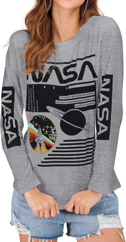 Women Long Sleeve Graphic Shirts NASA Letter Print Crew Neck Tee Tops Blouse Sweatshirts - MONVRCH