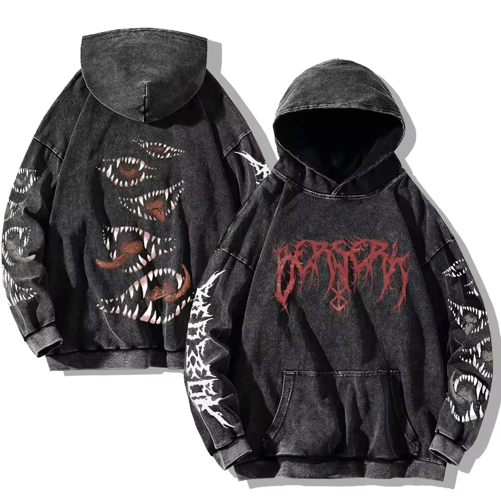 Mens Berserk Hoodies Gothic Print Vintage Washed Hoodie Hip Hop Streetwear Cotton Sweatshirts Y2K Oversized Hoodie - MONVRCH