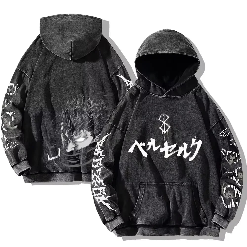 Mens Berserk Hoodies Gothic Print Vintage Washed Hoodie Hip Hop Streetwear Cotton Sweatshirts Y2K Oversized Hoodie - MONVRCH