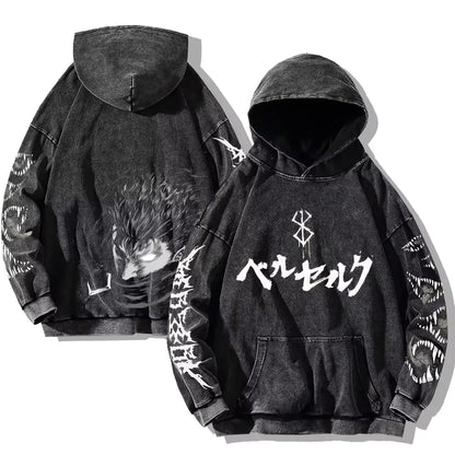 Mens Berserk Hoodies Gothic Print Vintage Washed Hoodie Hip Hop Streetwear Cotton Sweatshirts Y2K Oversized Hoodie - MONVRCH