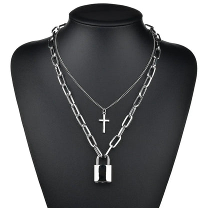Fashion Double Layer Lock Gold Silver Color Chain Necklace Men Punk Link Chain Padlock Pendant Necklace for Women Jewelry - MONVRCH