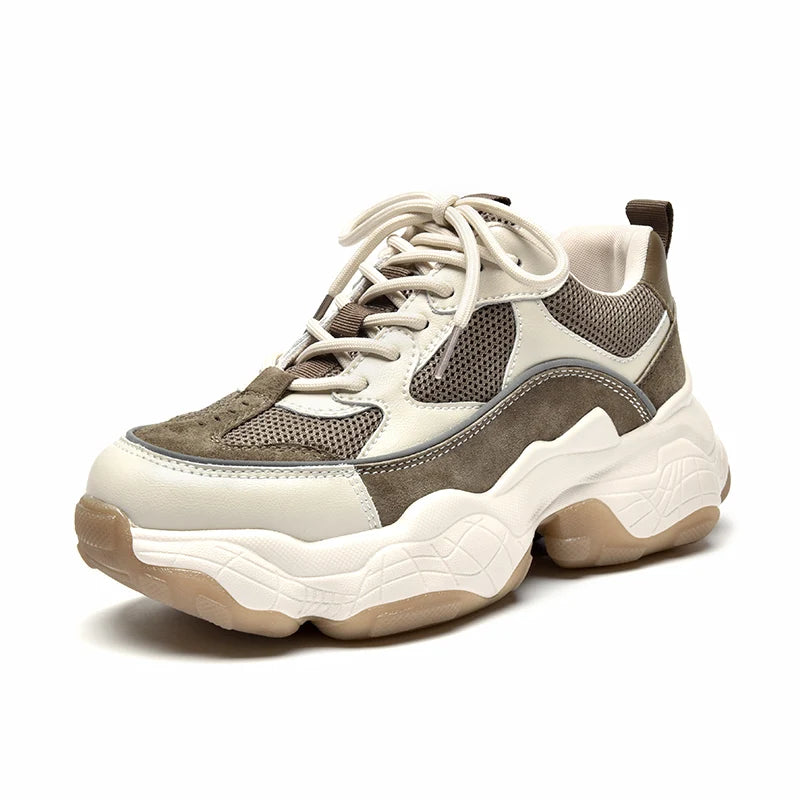 Women Chunky Sneakers Genuine Leather Mesh Mixed Colors round Toe Lace-Up Thick Sole Ladies Breathable Shoes 29402 - MONVRCH
