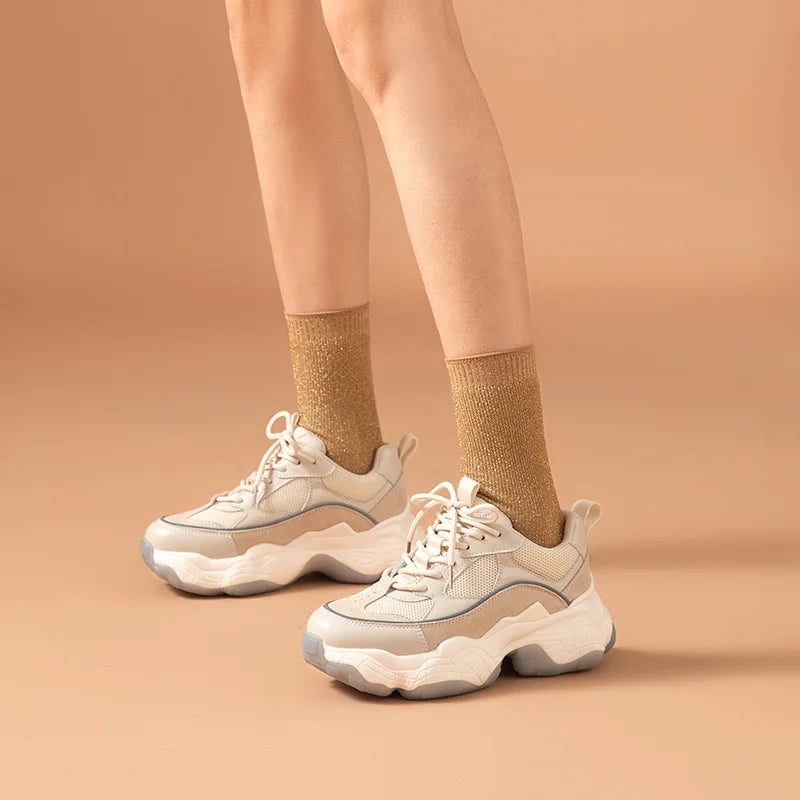 Women Chunky Sneakers Genuine Leather Mesh Mixed Colors round Toe Lace-Up Thick Sole Ladies Breathable Shoes 29402 - MONVRCH