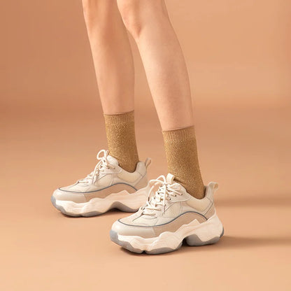 Women Chunky Sneakers Genuine Leather Mesh Mixed Colors round Toe Lace-Up Thick Sole Ladies Breathable Shoes 29402 - MONVRCH