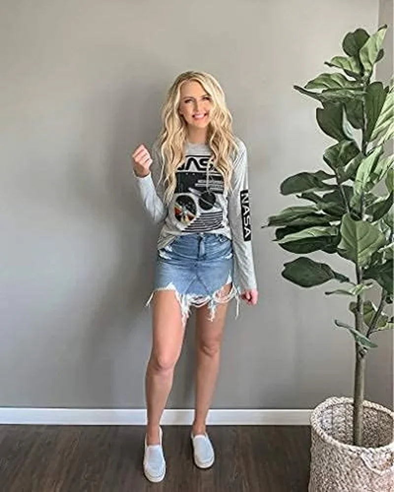 Women Long Sleeve Graphic Shirts NASA Letter Print Crew Neck Tee Tops Blouse Sweatshirts - MONVRCH