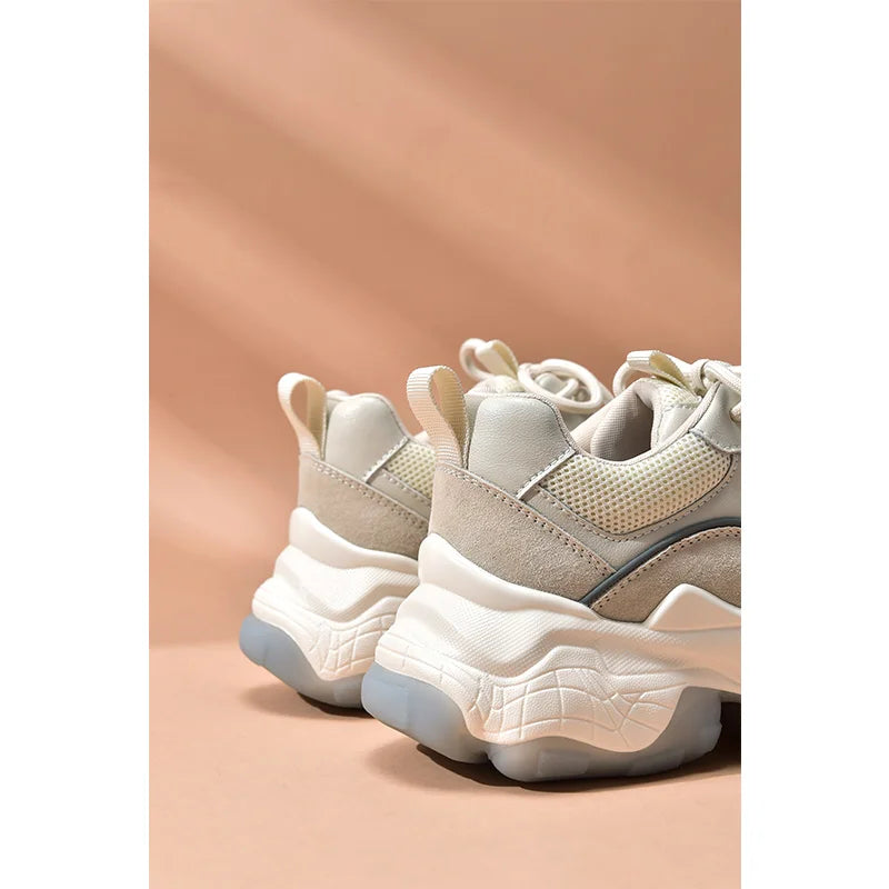 Women Chunky Sneakers Genuine Leather Mesh Mixed Colors round Toe Lace-Up Thick Sole Ladies Breathable Shoes 29402 - MONVRCH
