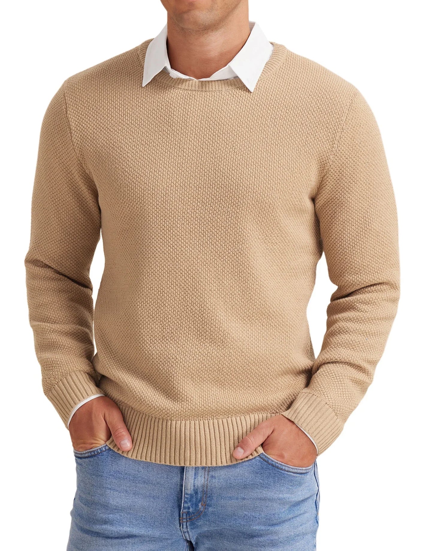 Mens Pullover Sweater Soft Lightweight Casual Classic Crewneck Knitwear Sweaters with Ribbing Edge Light Camel-Xxl - MONVRCH