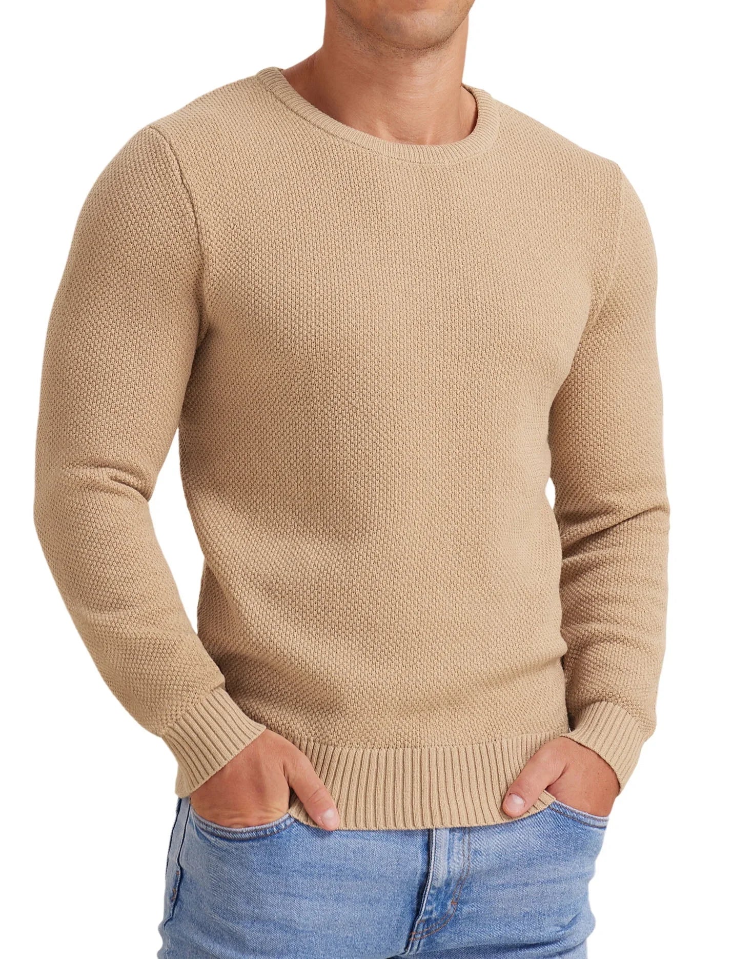 Mens Pullover Sweater Soft Lightweight Casual Classic Crewneck Knitwear Sweaters with Ribbing Edge Light Camel-Xxl - MONVRCH