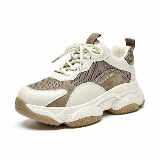 Women Chunky Sneakers Genuine Leather Mesh Mixed Colors round Toe Lace-Up Thick Sole Ladies Breathable Shoes 29402 - MONVRCH