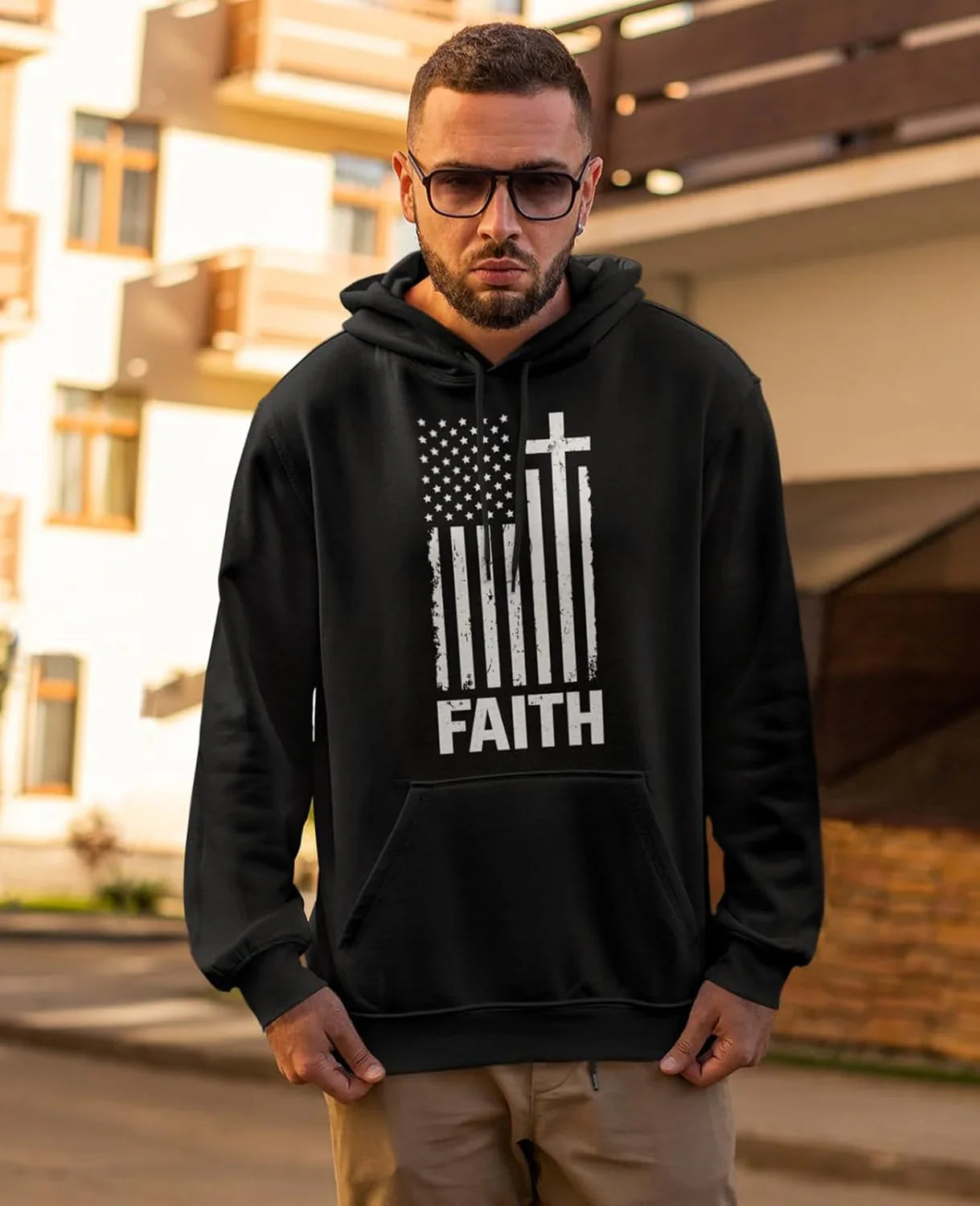 Faith-Based American Flag Hoodie for Men - Cross & USA Graphic Sweatshirt for Him - MONVRCH