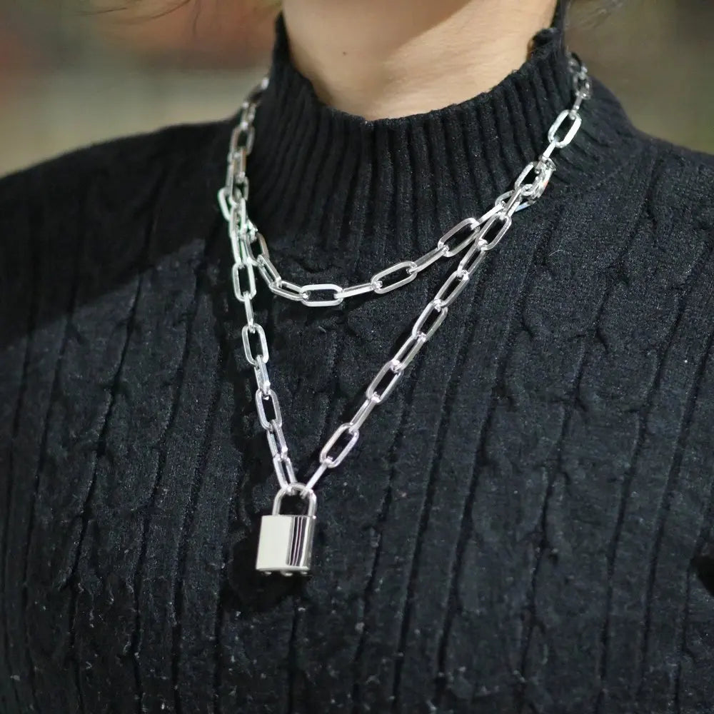 Fashion Double Layer Lock Gold Silver Color Chain Necklace Men Punk Link Chain Padlock Pendant Necklace for Women Jewelry - MONVRCH