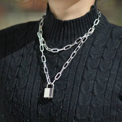 Fashion Double Layer Lock Gold Silver Color Chain Necklace Men Punk Link Chain Padlock Pendant Necklace for Women Jewelry - MONVRCH